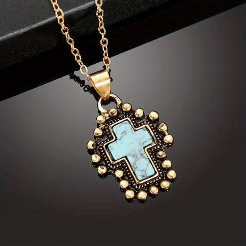 Stainless Steel Blue Stone Cross Pendant Necklace