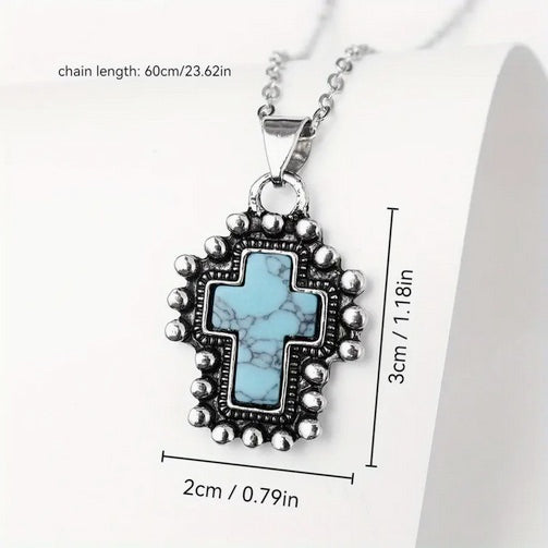 Stainless Steel Blue Stone Cross Pendant Necklace