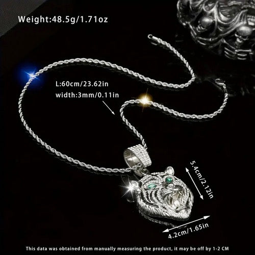 Iced-Out Green-Eyed Tiger Head Pendant Necklace with Stainless Steel Twisted Chain