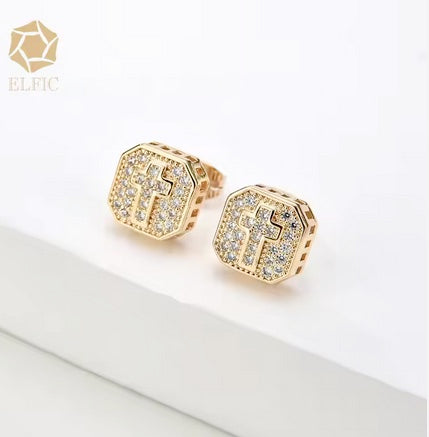 Classic Vintage Square Cubic Zerconia Cross Post Earrings