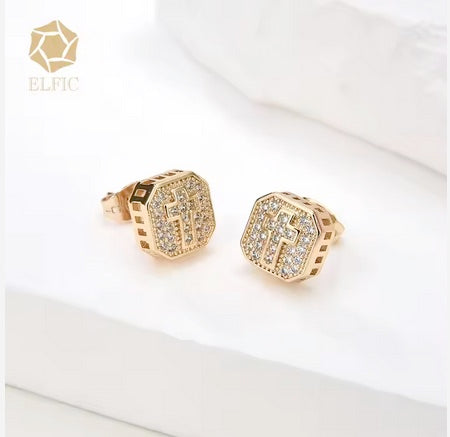 Classic Vintage Square Cubic Zerconia Cross Post Earrings
