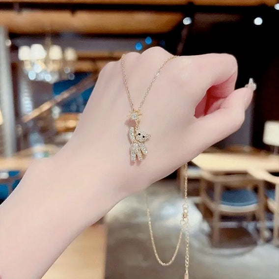 Teddy Bear Necklace With Sparkling Zirconia And Elegant Stainless Steel Chain