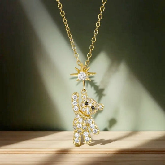 Teddy Bear Necklace With Sparkling Zirconia And Elegant Stainless Steel Chain