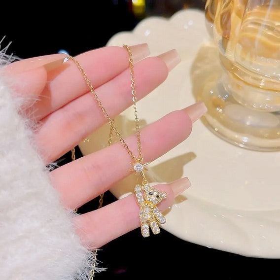 Teddy Bear Necklace With Sparkling Zirconia And Elegant Stainless Steel Chain