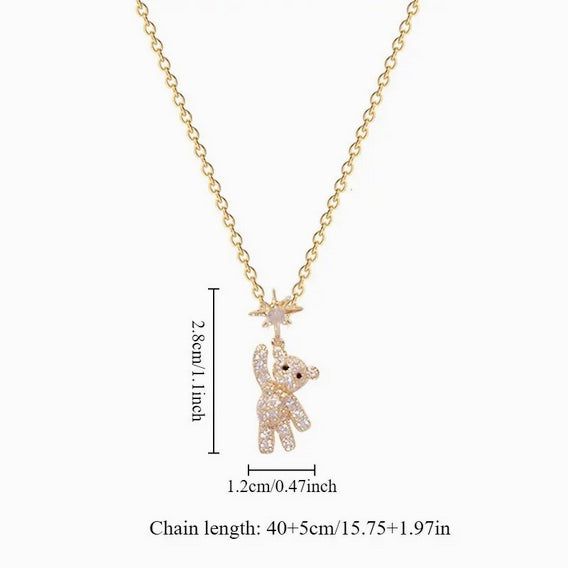 Teddy Bear Necklace With Sparkling Zirconia And Elegant Stainless Steel Chain