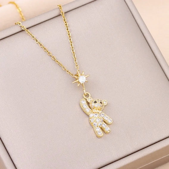 Teddy Bear Necklace With Sparkling Zirconia And Elegant Stainless Steel Chain