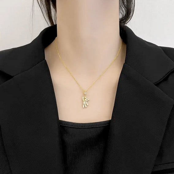 Teddy Bear Necklace With Sparkling Zirconia And Elegant Stainless Steel Chain