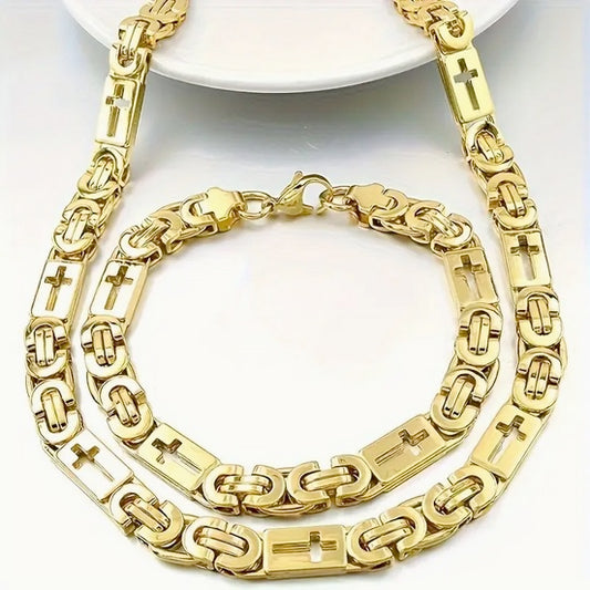 Gold Plated Stainless Steel Cross Chain And Bracelet Set - Durable And Hypoallergenic