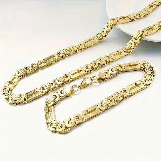 Gold Plated Stainless Steel Cross Chain And Bracelet Set - Durable And Hypoallergenic