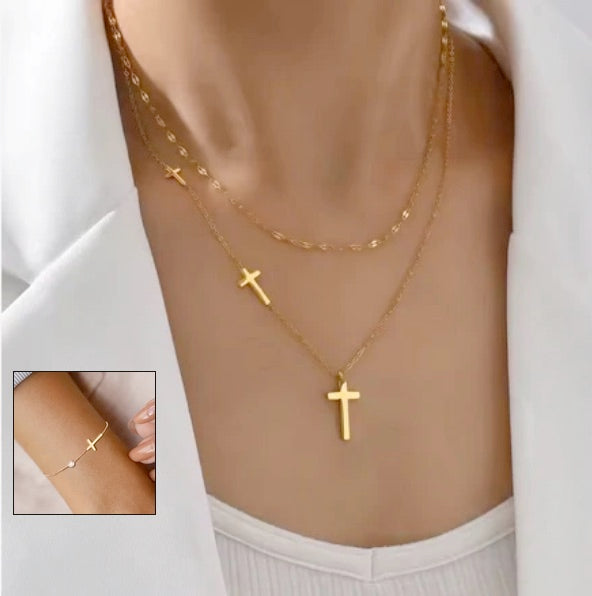 Elegant Gold Double Layered Three Cross Necklace And Bracelet Set
