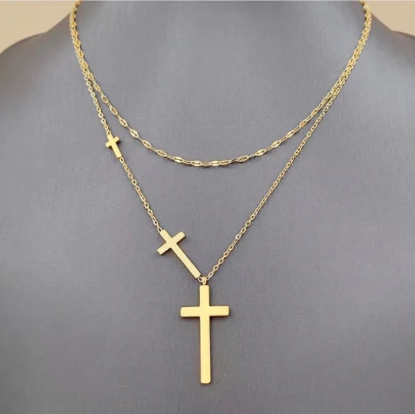 Elegant Gold Double Layered Three Cross Necklace And Bracelet Set