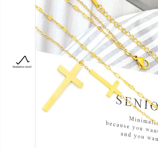 Elegant Gold Double Layered Three Cross Necklace And Bracelet Set