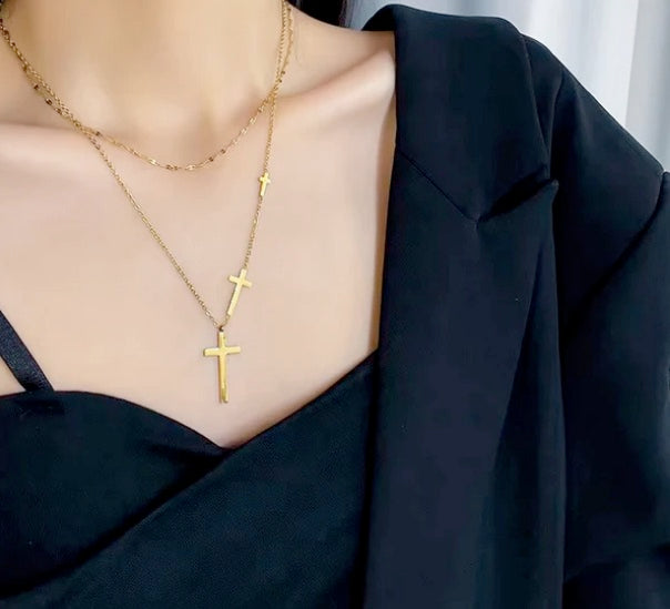 Elegant Gold Double Layered Three Cross Necklace And Bracelet Set