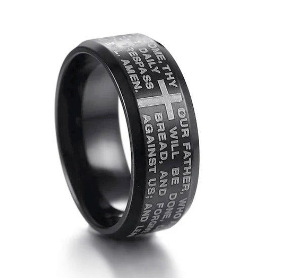 Three Piece Men's Black Faith Combo -Cross Flag And Bracelet With Cross Ring