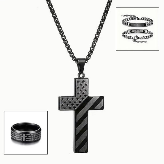 Three Piece Black American Flag Cross Bracelet, Ring And Necklace Combo Set For Men
