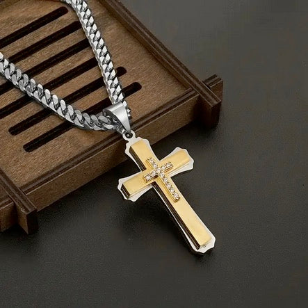 Three Layer Zerconia Embedded  Cross Neckplace -Two Color Choices