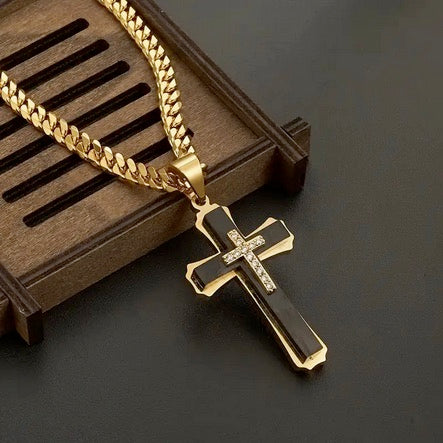 Three Layer Zerconia Embedded Cross Neckplace -Two Color Choices