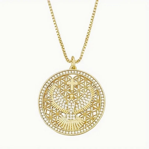 Gold-Tone Cross and Dove Holy Spirit Necklace with CZs