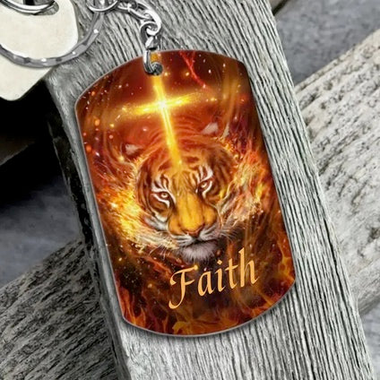 Tiger And Faith Cross With Bible Verse Keychain