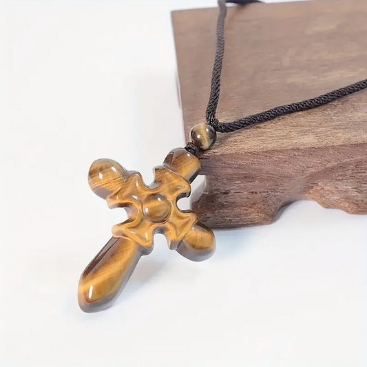 Natural Gemstone Tiger Eye Cross Necklace