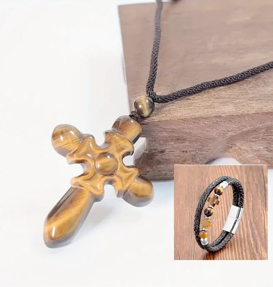Natural Gemstone Tiger Eye Cross Necklace And Bracelet Set