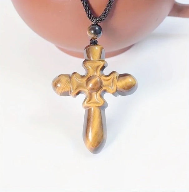 Natural Gemstone Tiger Eye Cross Necklace And Bracelet Set