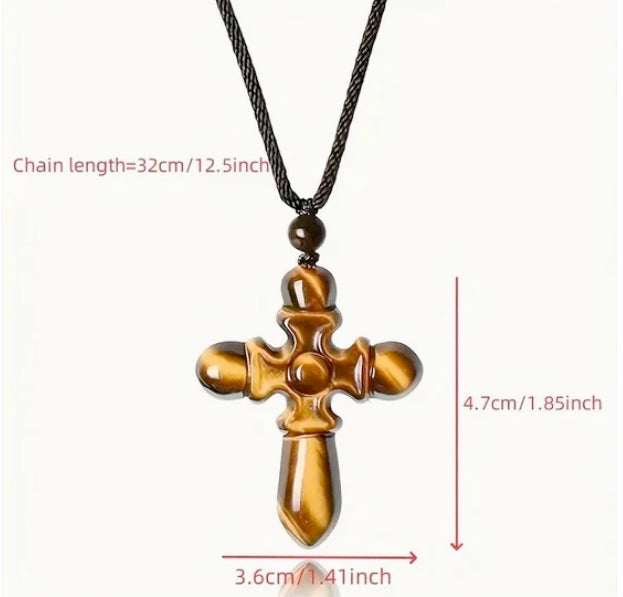 Natural Gemstone Tiger Eye Cross Necklace And Bracelet Set