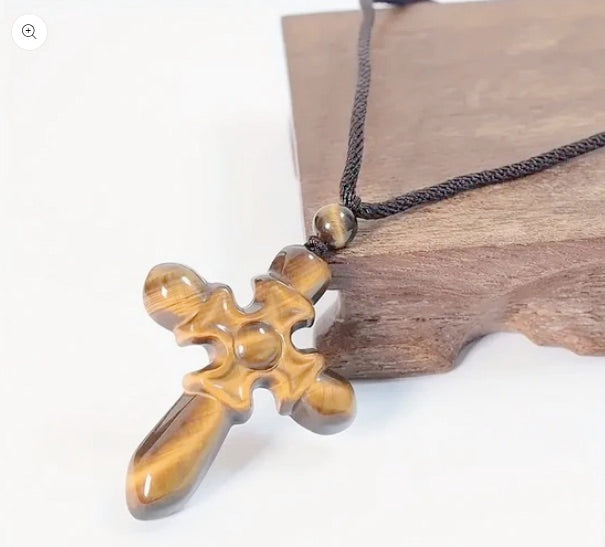 Natural Gemstone Tiger Eye Cross Necklace And Bracelet Set