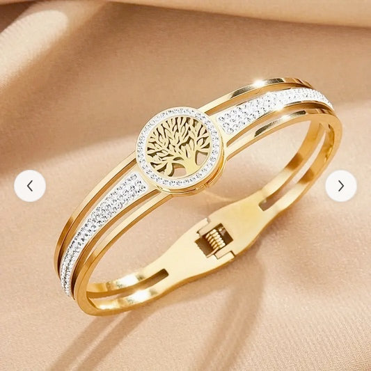 Stainless Steel Life Tree Bracelet with Cubic Zirconia