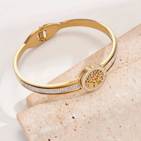 Stainless Steel Life Tree Bracelet with Cubic Zirconia