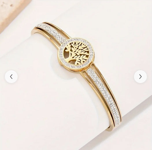 Stainless Steel Life Tree Bracelet with Cubic Zirconia