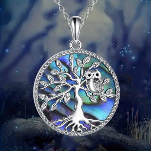 Elegant Owl Tree of Life Necklace for Women, Copper Inlay Abalone Shell, Cubic Zirconia, and Titanium Steel Chain