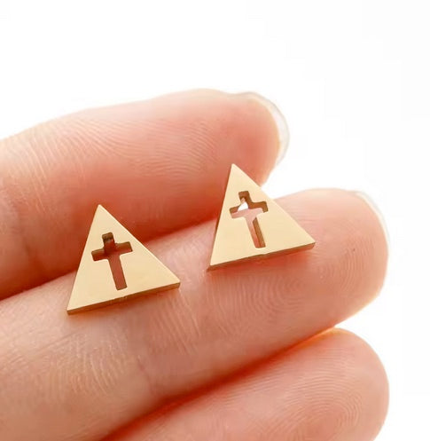 Stainless Steel Triangle Cross Mini Post Earrings