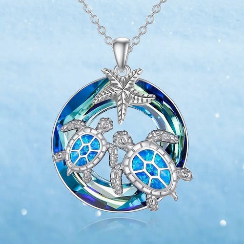 Two Sea Turtles With Starfish Round Pendant Necklace