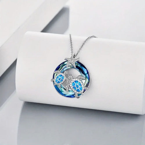 Two Sea Turtles With Starfish Round Pendant Necklace