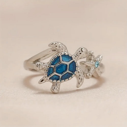 Sea Turtle with Starfish Design Exquisite Ring-self adjusting