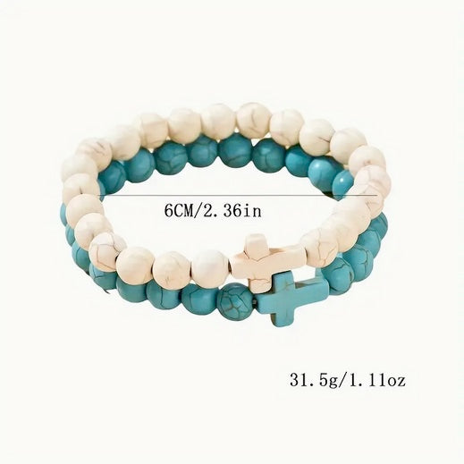 Elegant 2pcs Turquoise & White Pine Stone Cross Bracelet Set