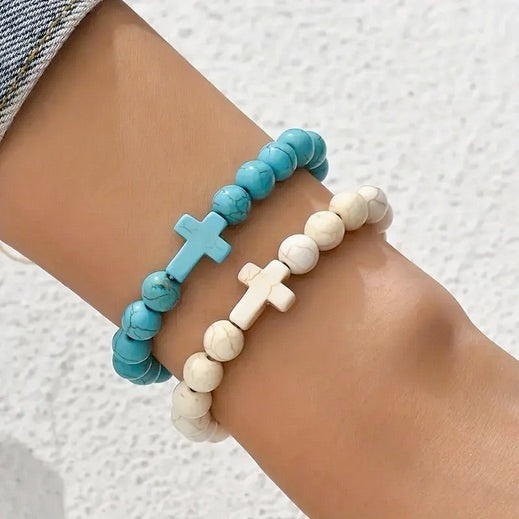 Elegant 2pcs Turquoise & White Pine Stone Cross Bracelet Set