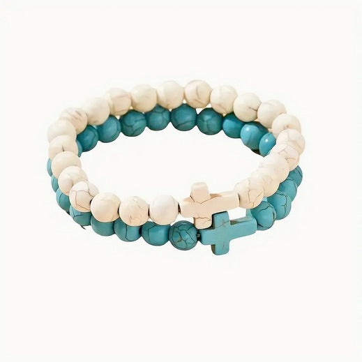 Elegant 2pcs Turquoise & White Pine Stone Cross Bracelet Set