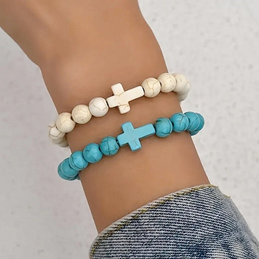 Elegant 2pcs Turquoise & White Pine Stone Cross Bracelet Set