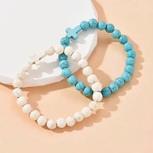 Elegant 2pcs Turquoise & White Pine Stone Cross Bracelet Set