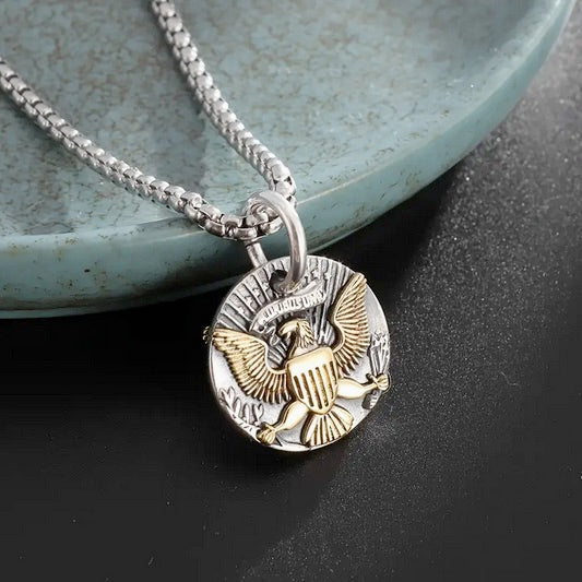 Two Tone Antique Silvery Finish Eagle Necklace  US Seal Style
