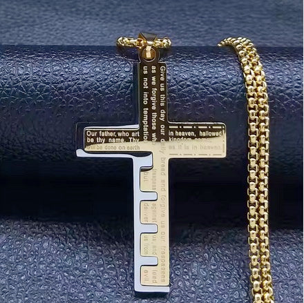Two Tone Lord's Prayer Geometric Stainless Steel Men's Cross