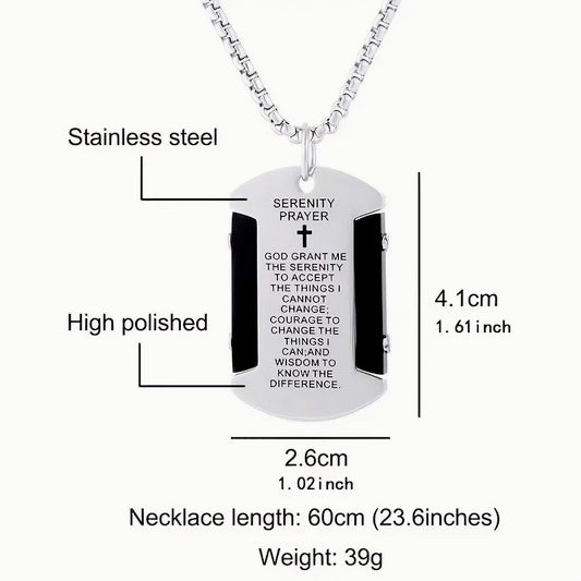 Two Tone Serenity Prayer Stainless Steel Cross Military Style Dog Tag Necklace