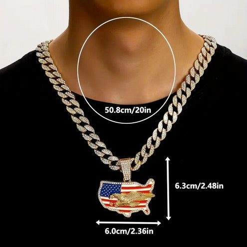 20 Inch Cuban Link Chain with American Flag and Eagle CZ Pendant
