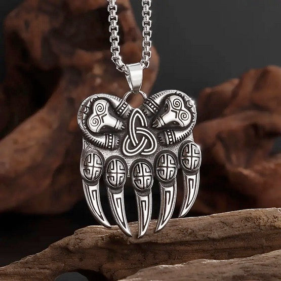 Vintage Viking Men's Bear Paw Necklace With Celtic Knot