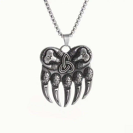 Vintage Viking Men's Bear Paw Necklace With Celtic Knot