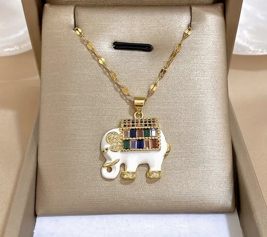 Bohemian Style White Elephant Pendant Necklace, Enamel Oil Drops, Synthetic Zirconia Inlay, Stainless Steel Chain