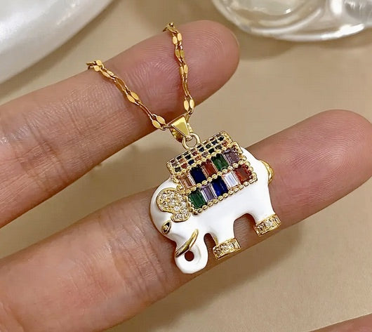 Bohemian Style White Elephant Pendant Necklace, Enamel Oil Drops, Synthetic Zirconia Inlay, Stainless Steel Chain