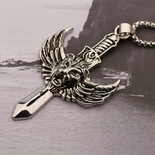 Men's Vintage Lion Of Judah Angel Wing Sword Cross Necklace